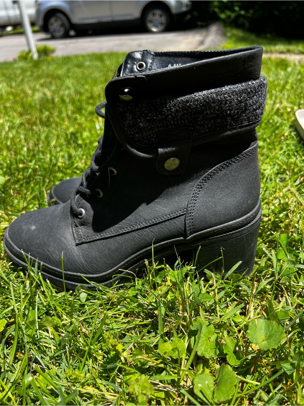 Palladium Black Lace-Up Wedge Ankle Boots with Fold-Over Cuff